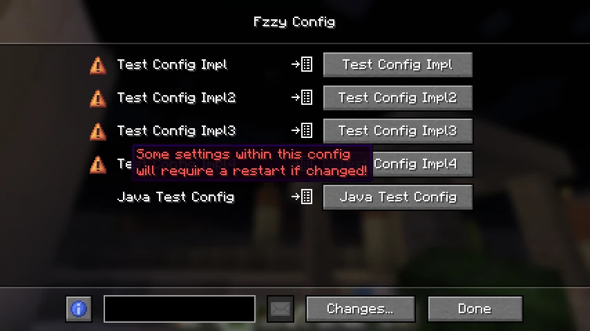 The Fzzy Config screen listing several mod configs, with an orange warning that some settings require a restart