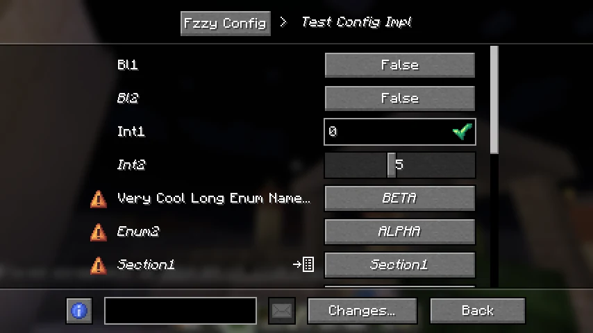 A Fzzy Config settings screen in Minecraft, with toggles, a number field showing a green tick, and enum buttons