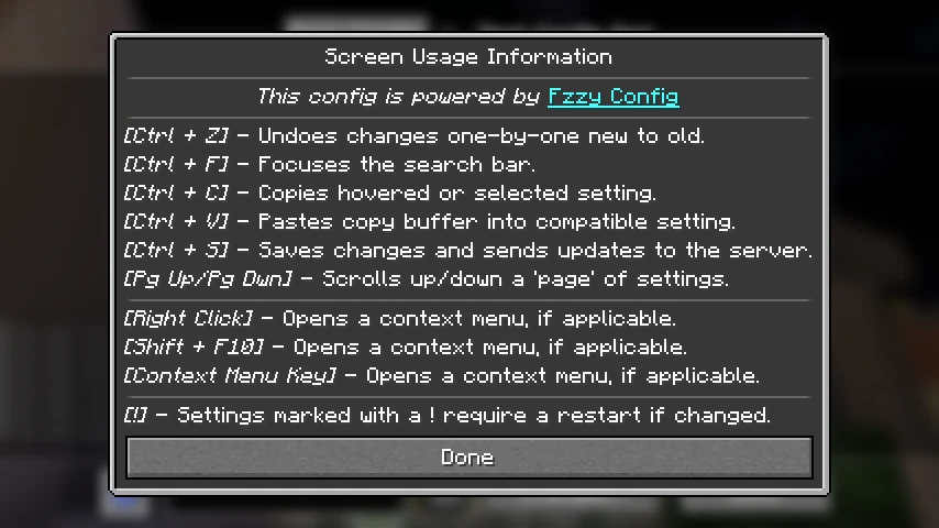 Fzzy Config in Minecraft: Fzzy Config works with a variety of common key combinations, such as copy/paste, page up/down, and more. It al